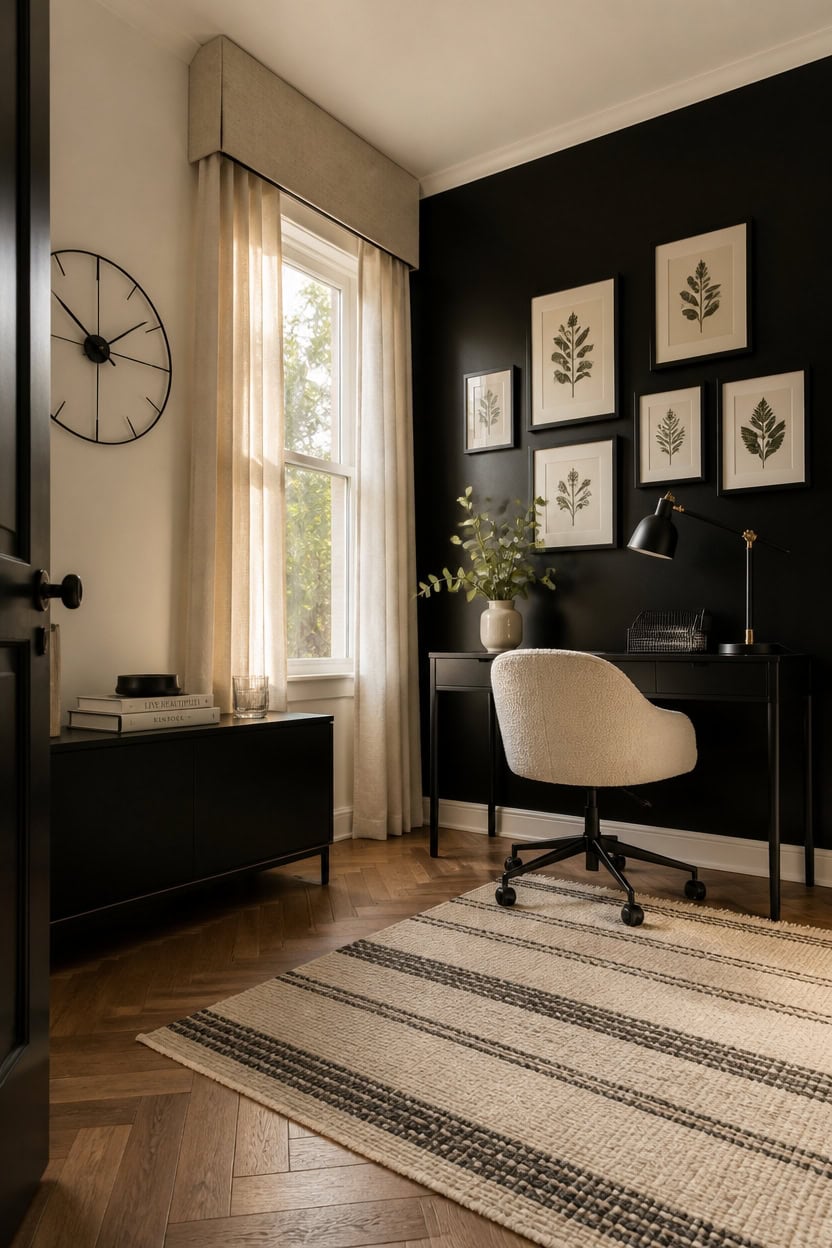 Stylish home office with black accent wall, desk, and framed botanical prints.