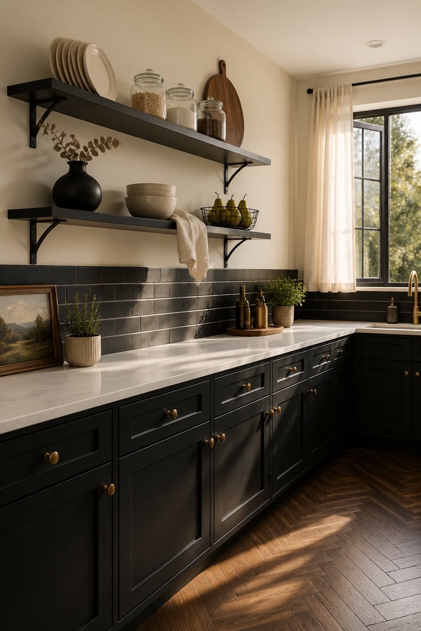 Contemporary kitchen with open shelves, dark cabinetry, and natural light from window.