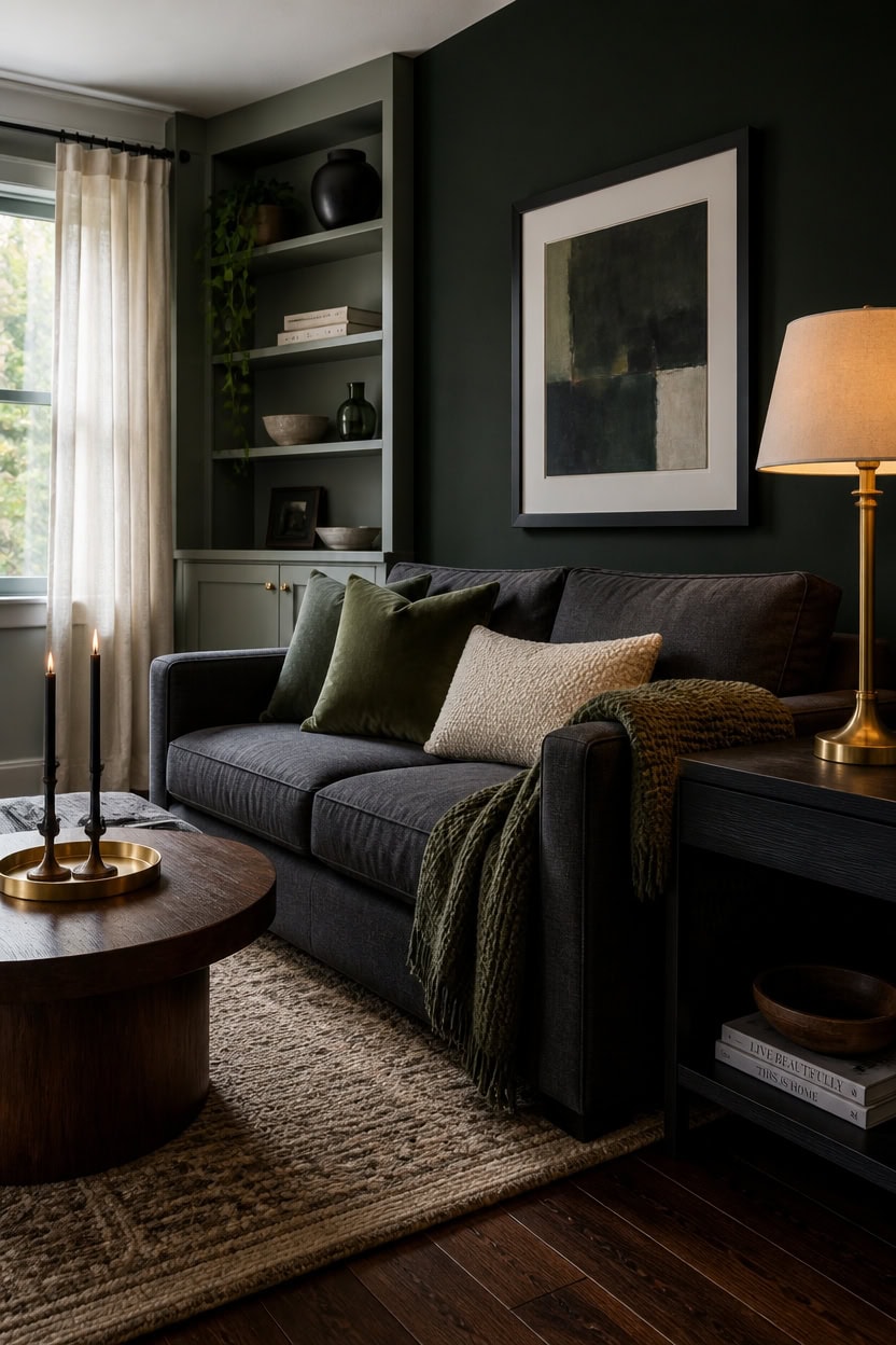 Cozy living room with dark green accent wall, sofa, and decorative pillows.