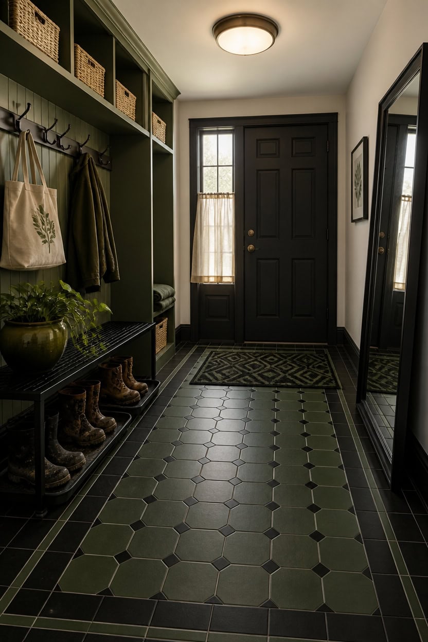 Inviting entryway with coat hooks, storage baskets, and a mirror.
