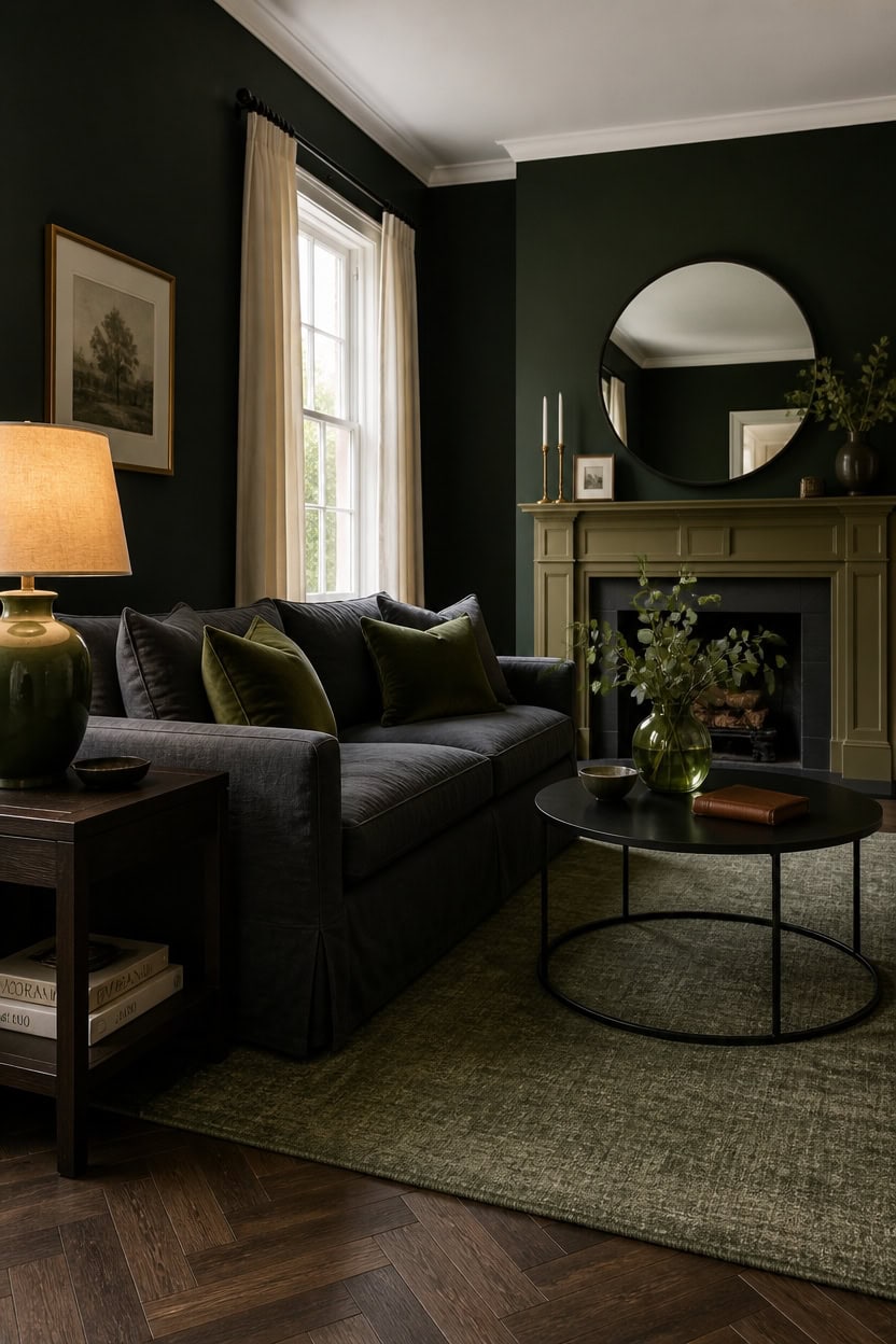 Cozy living room with dark green walls, black sofa, and round mirror above fireplace.