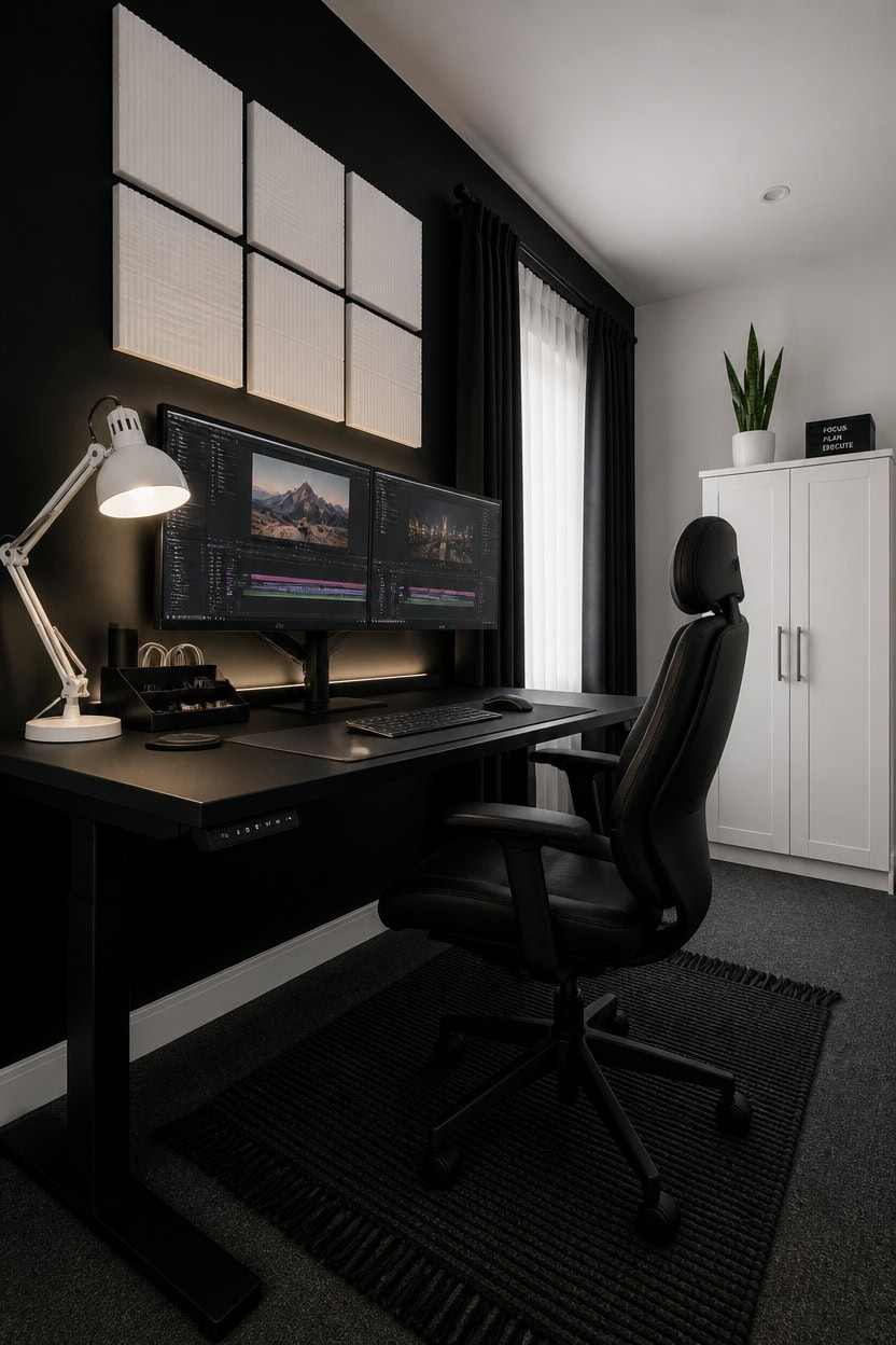 Contemporary home office with dual monitors, black desk, and ergonomic chair.