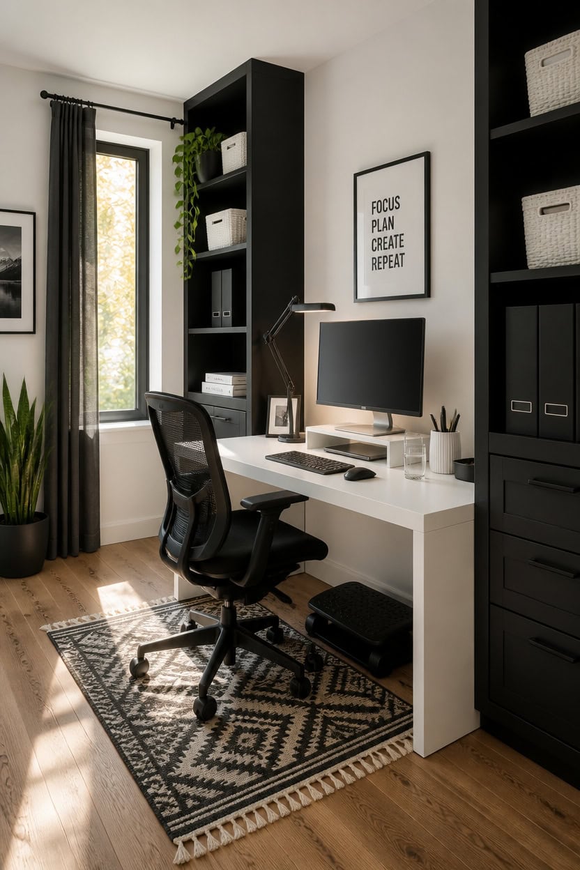 Contemporary home office with black and white decor, desk, computer, and storage shelves.