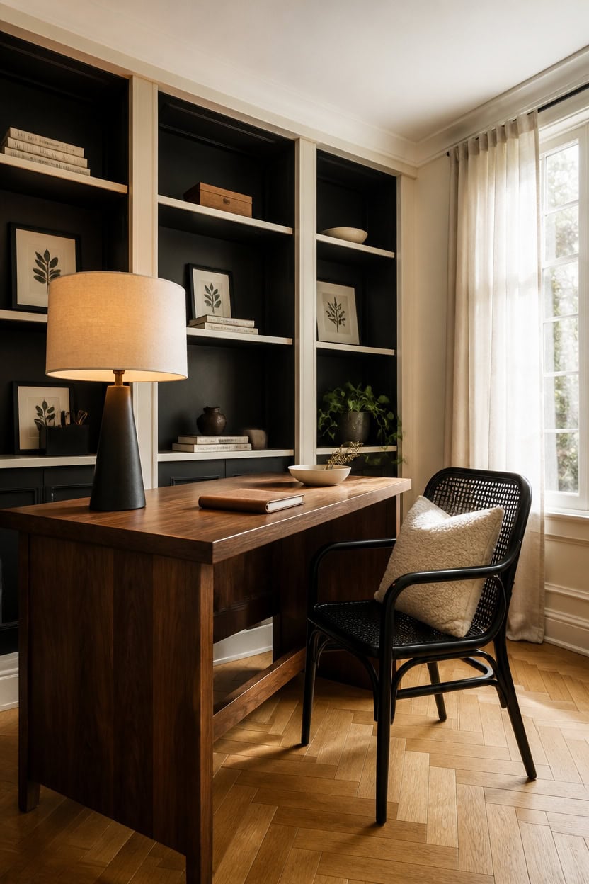 Stylish home office with a wooden desk, black chair, and built-in bookshelf.