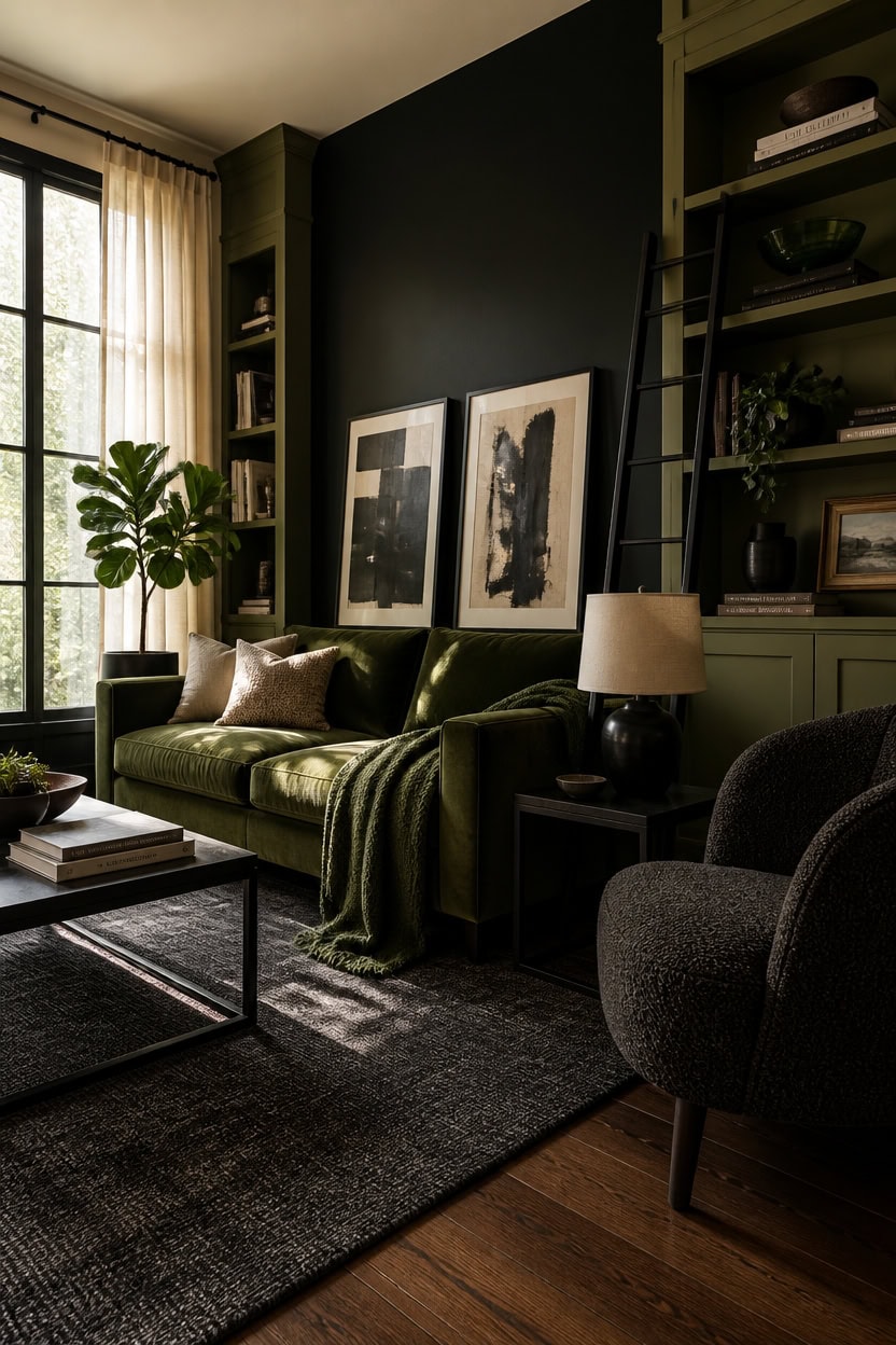 Modern living room with green sofa, black accent wall, and artwork.