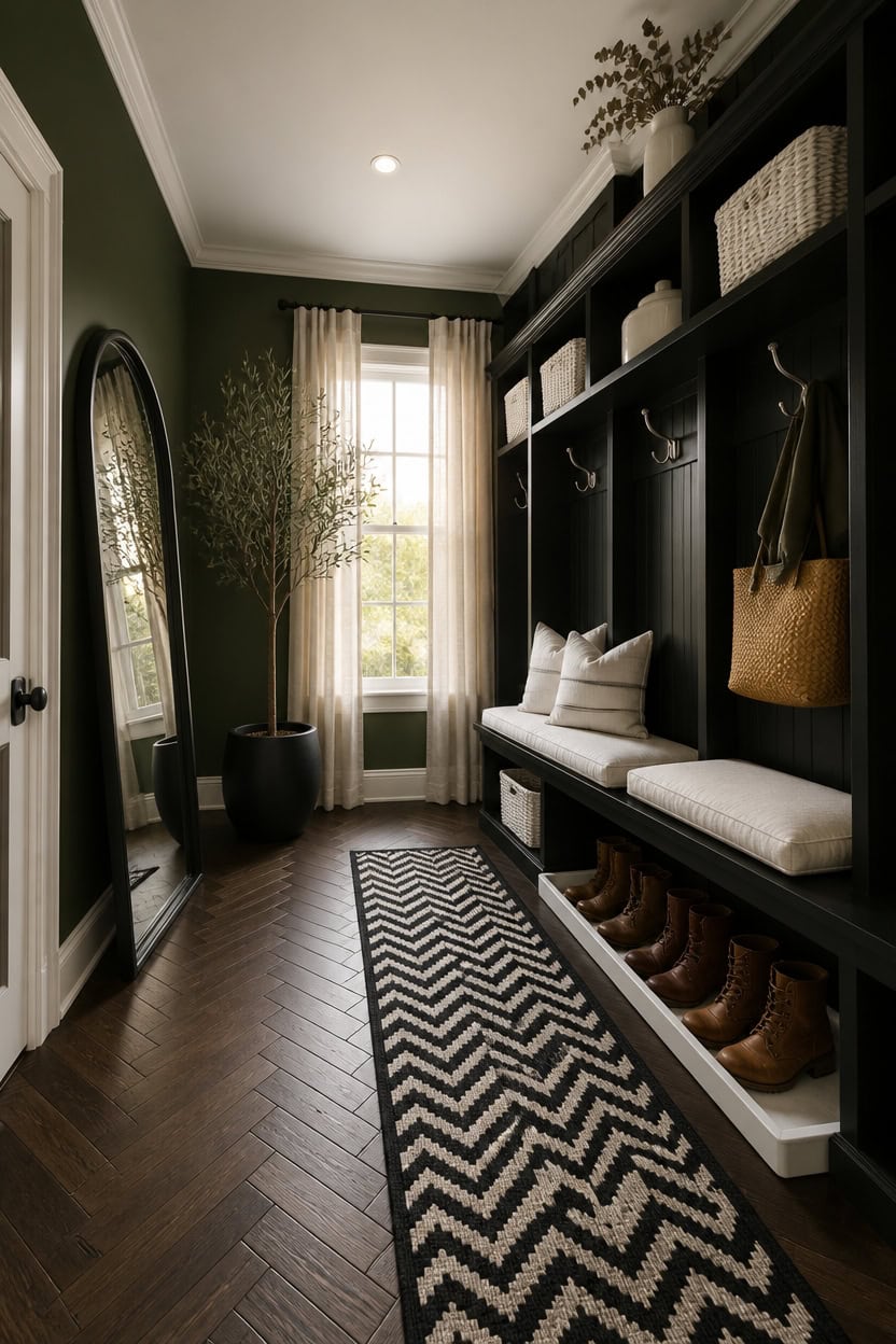 Elegant entryway with dark storage bench, mirror, and window with curtains.