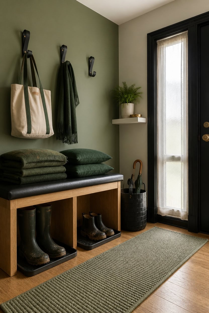 Entryway with hooks, bench, boots, and a door with glass panel.