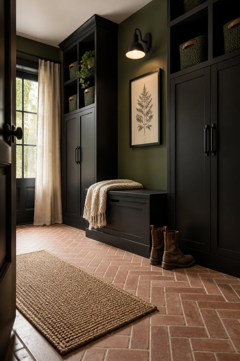 Modern mudroom with black cabinets, framed botanical art, and cozy boots.