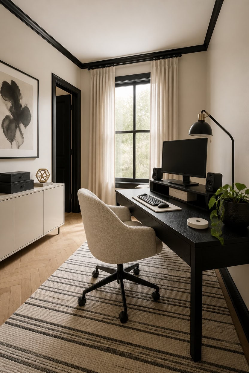 Cozy home office with desk, computer, and large window with curtains.
