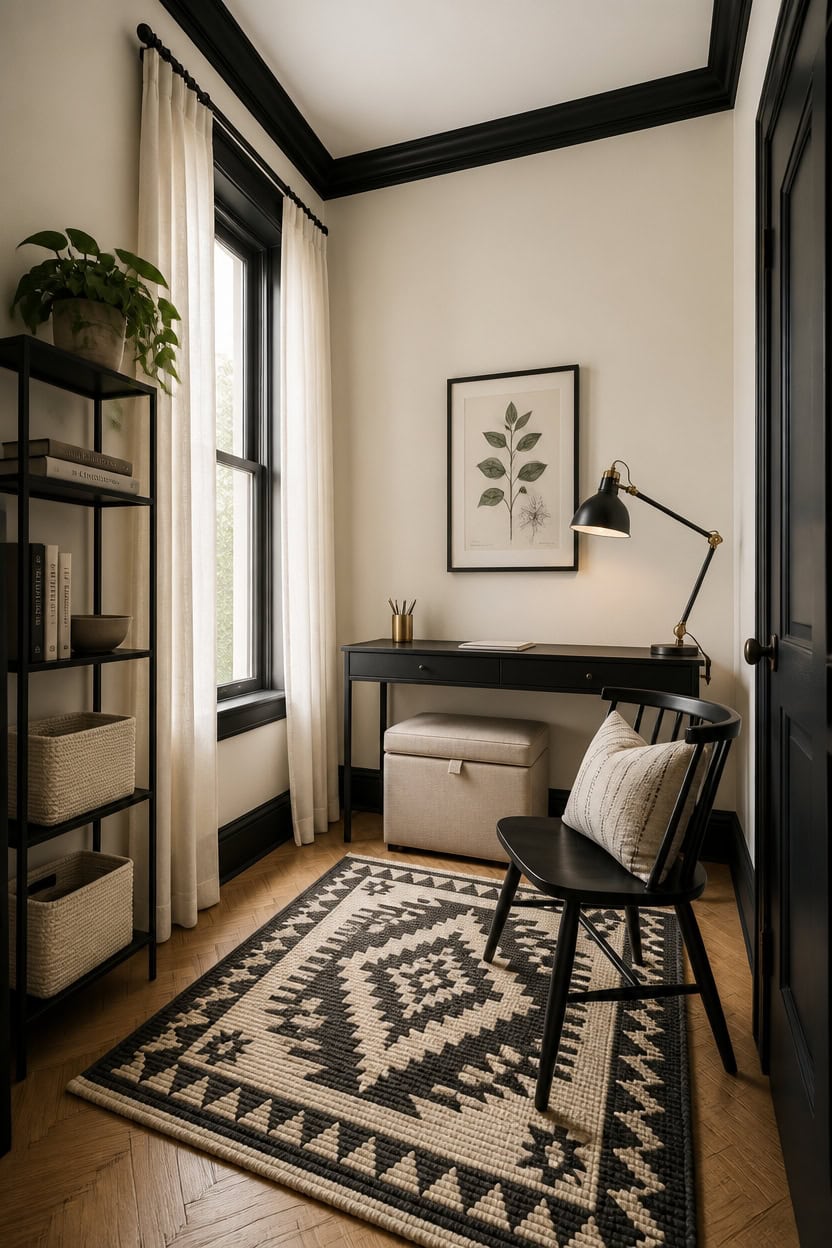 Bright home office with black desk, chair, and framed botanical art.