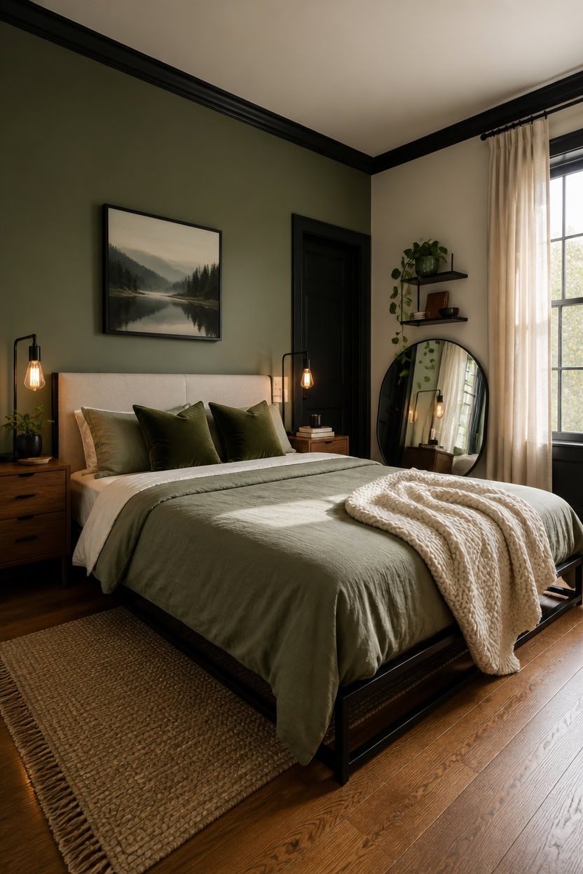 black trim olive accent wall