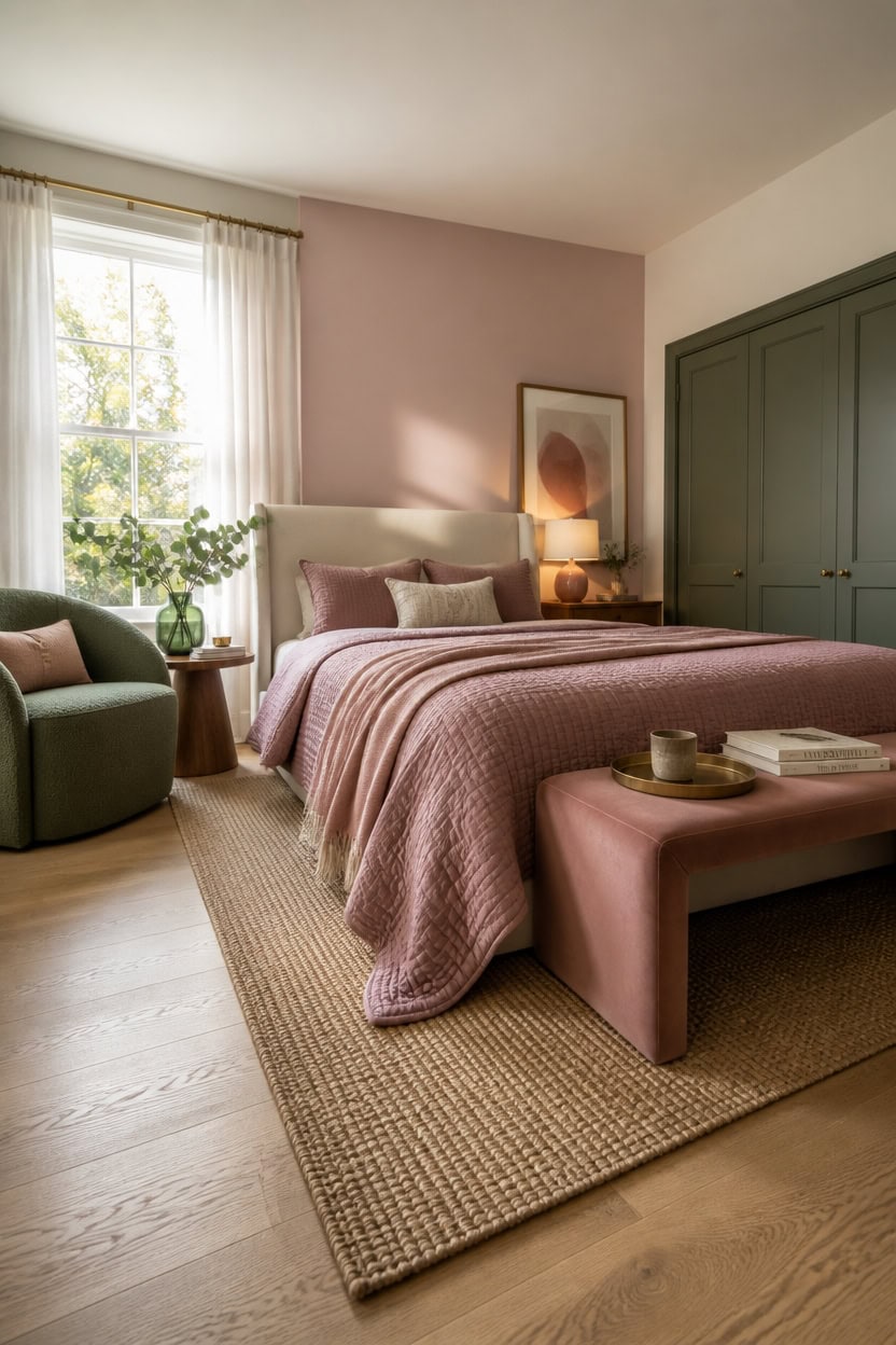 Bright bedroom with pink bedding, green wardrobe, and natural light from window.