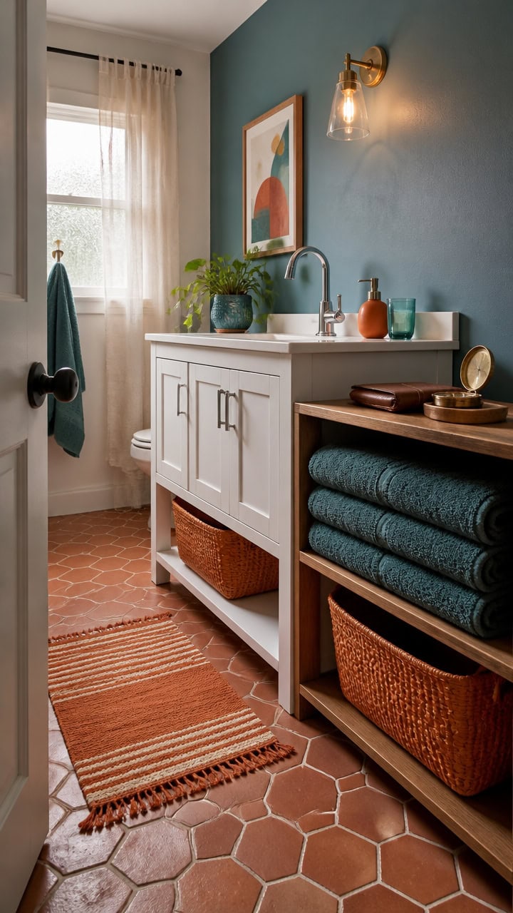Bright bathroom with white vanity, teal wall, and natural light from window.