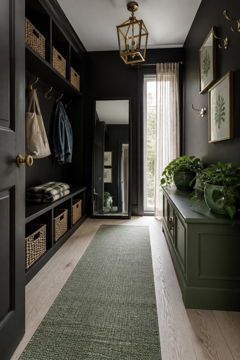 Modern entryway with black built-in storage, mirror, and green decor.