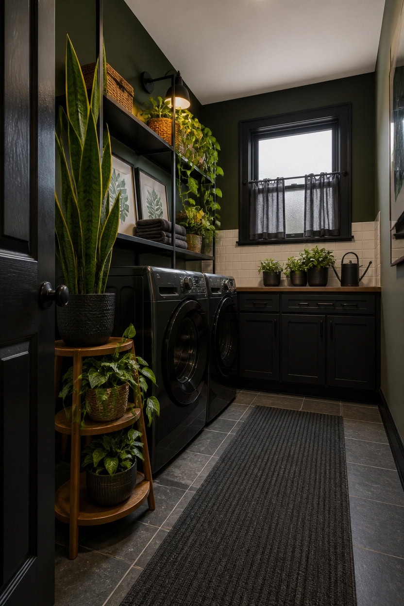 Modern laundry room with black cabinets, plants, and a window for natural light.