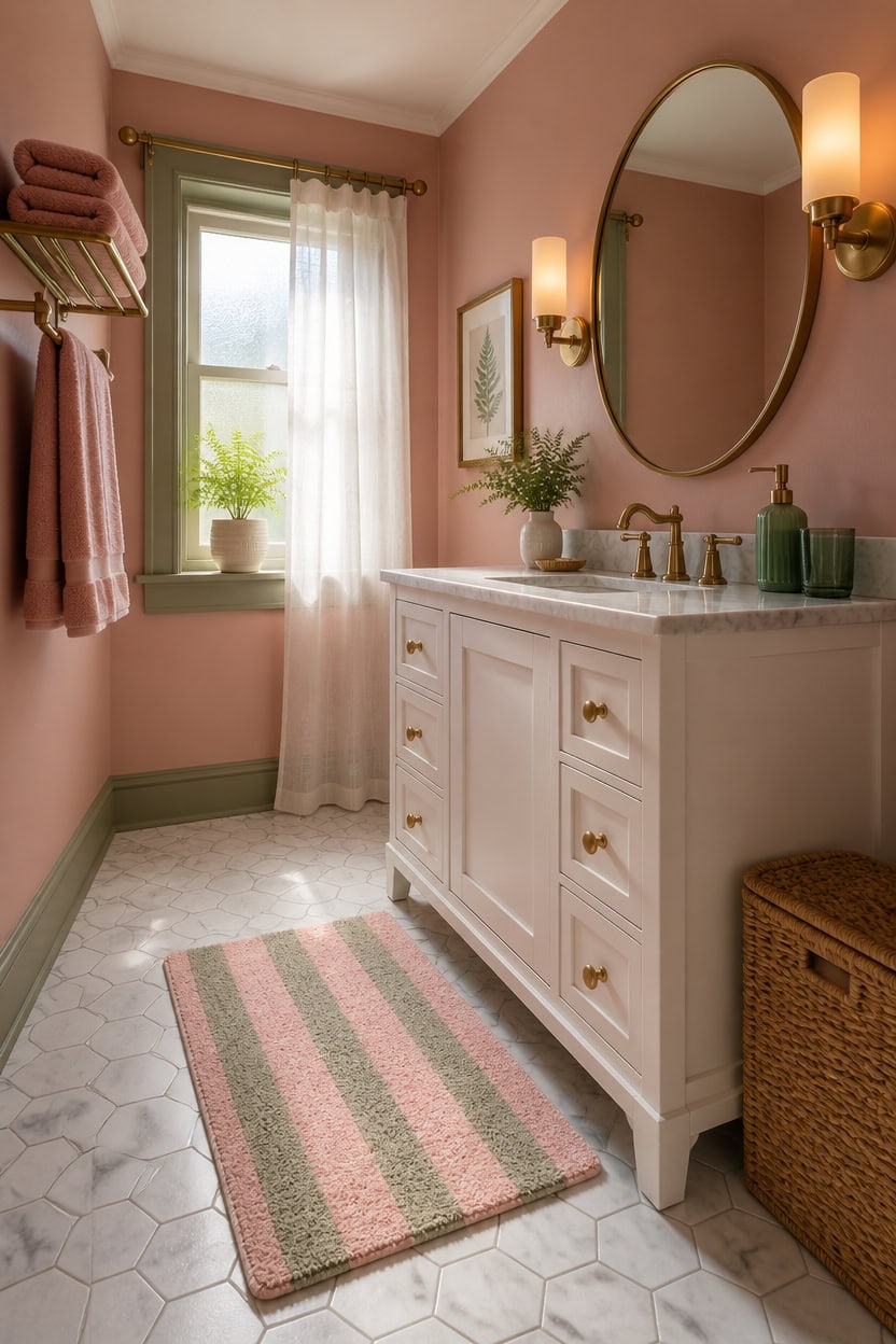 Bright bathroom with pink walls, white vanity, and natural sunlight from window.