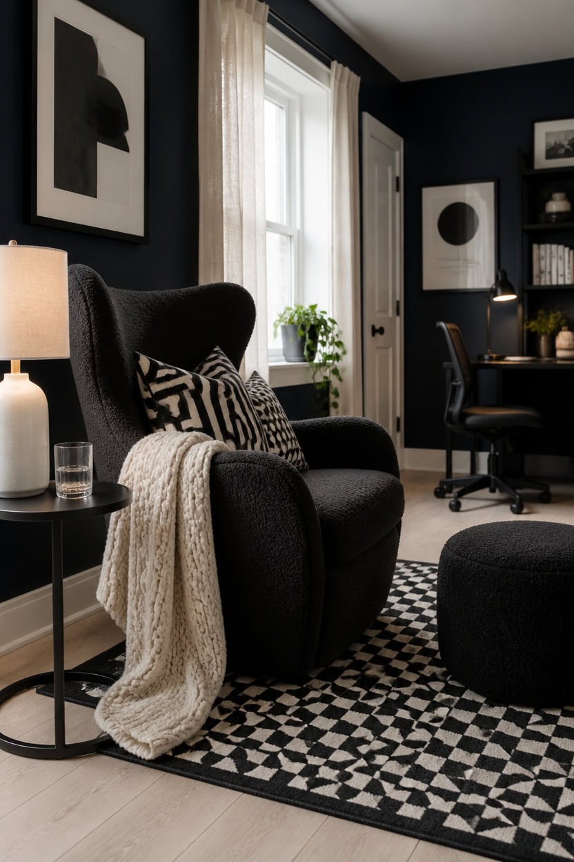 Cozy black armchair with patterned pillows in a stylish living room.