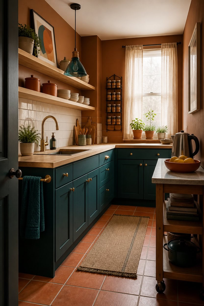 Charming kitchen with blue cabinets, open shelves, and natural sunlight from window.
