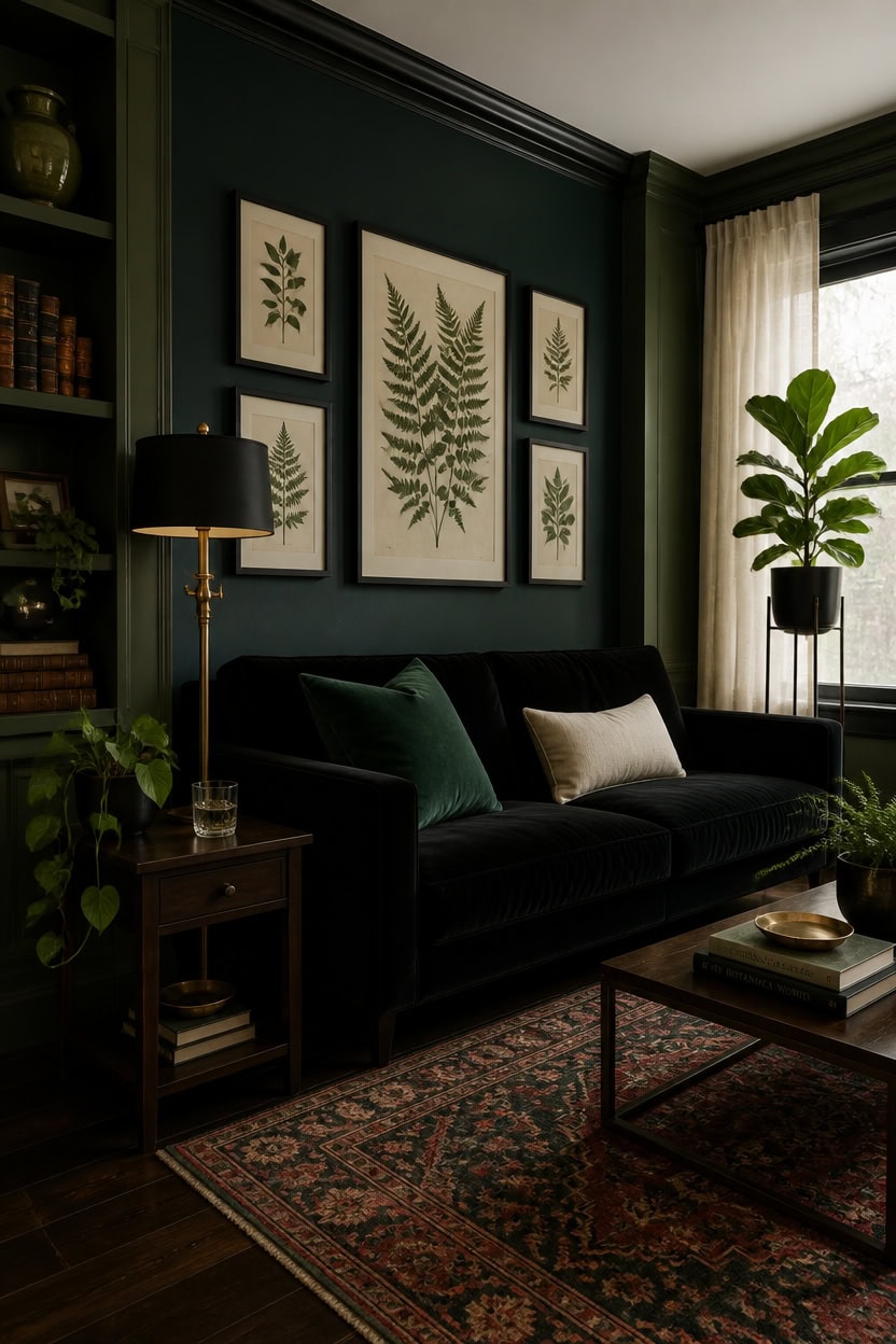 Stylish living room with dark green walls, botanical art, and lush houseplants.