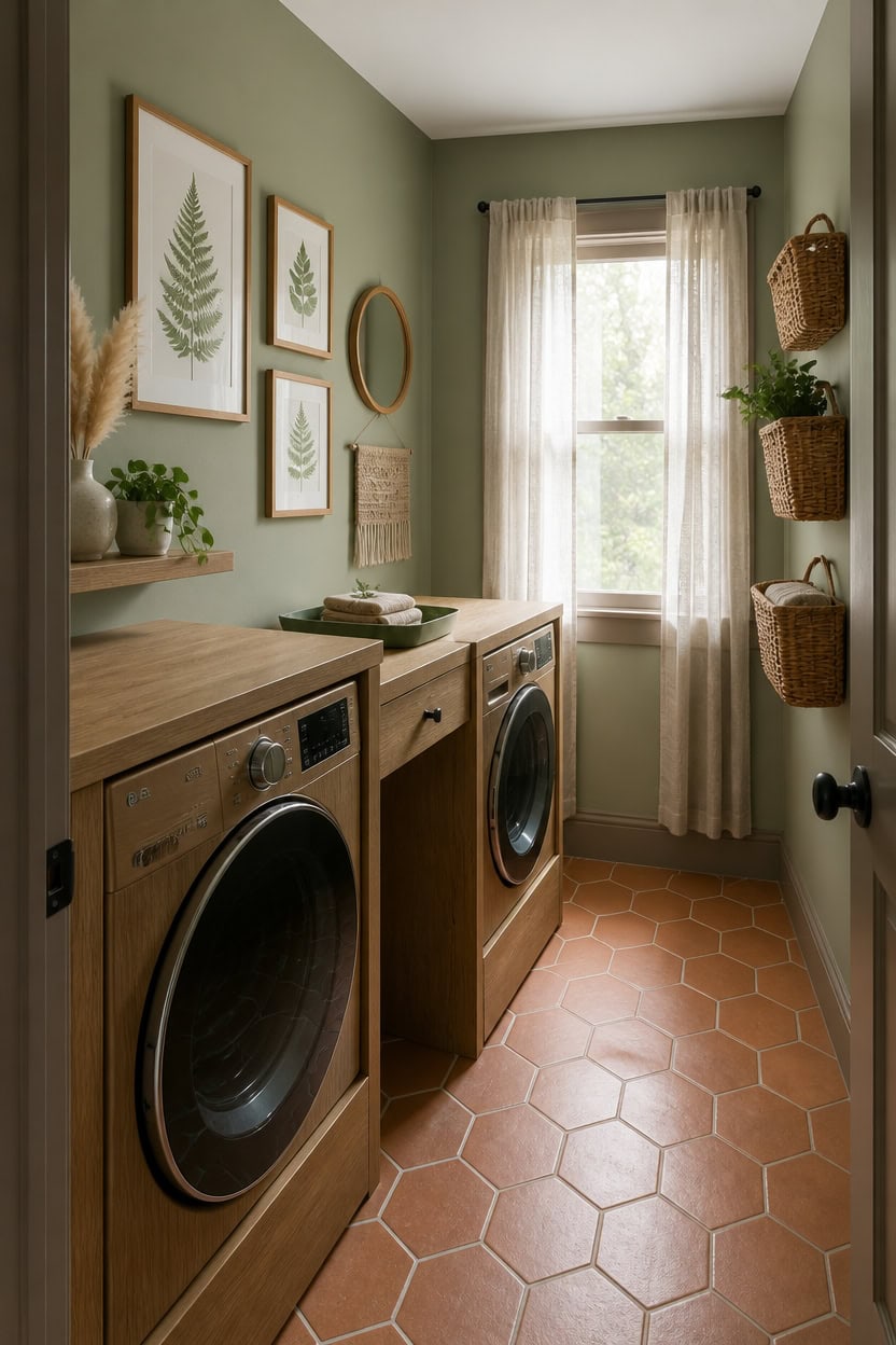 Cozy laundry room with green walls, wooden cabinets, and natural light from window.