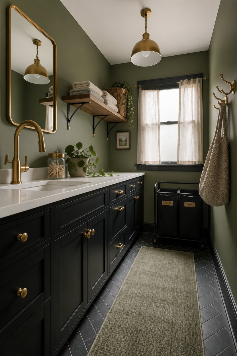 Elegant bathroom with green walls, black vanity, and gold fixtures.