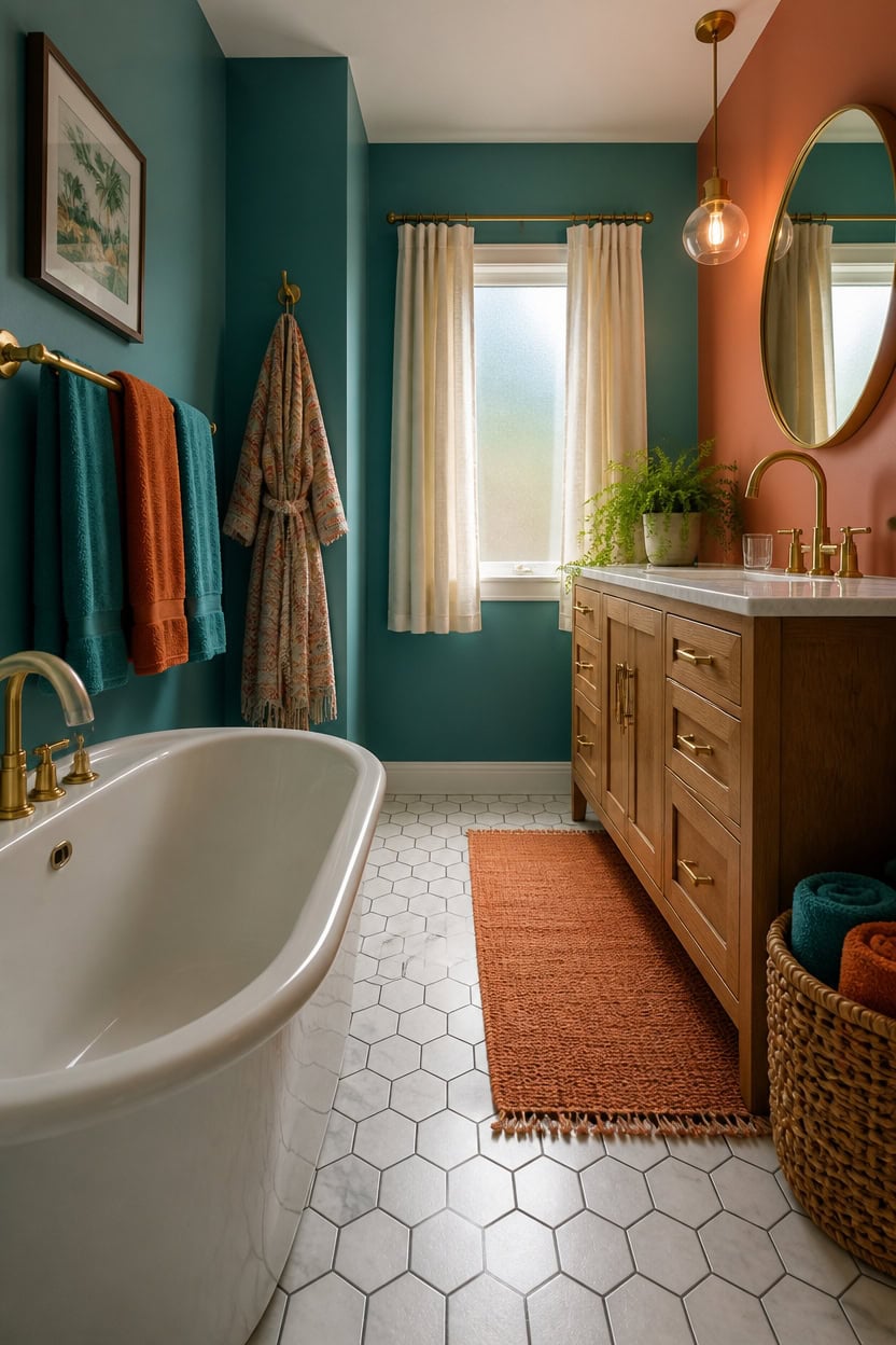 Bright bathroom with teal walls, vintage wooden vanity, and a clawfoot tub.