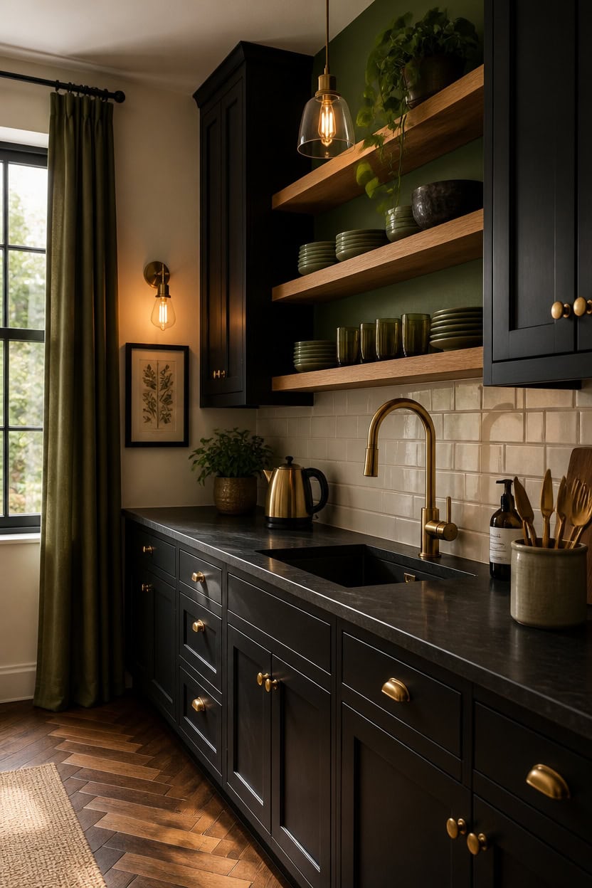 Stylish kitchen with black cabinets, open wooden shelves, and gold fixtures.