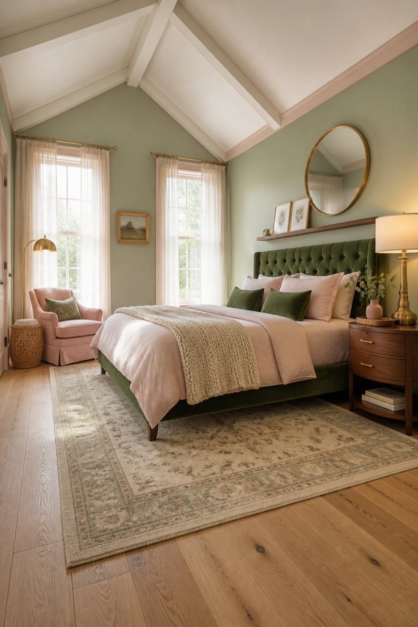 Cozy bedroom with green upholstered headboard and natural light.