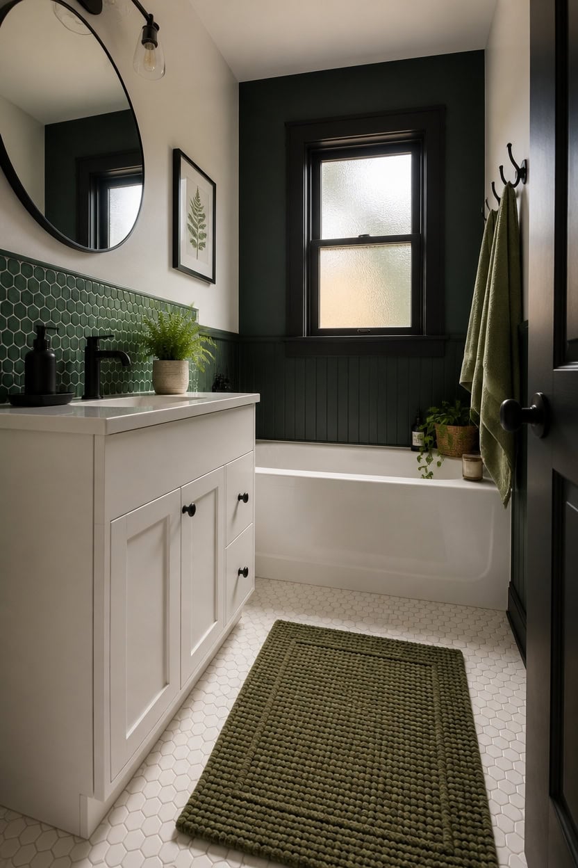 budget friendly green and black bathroom