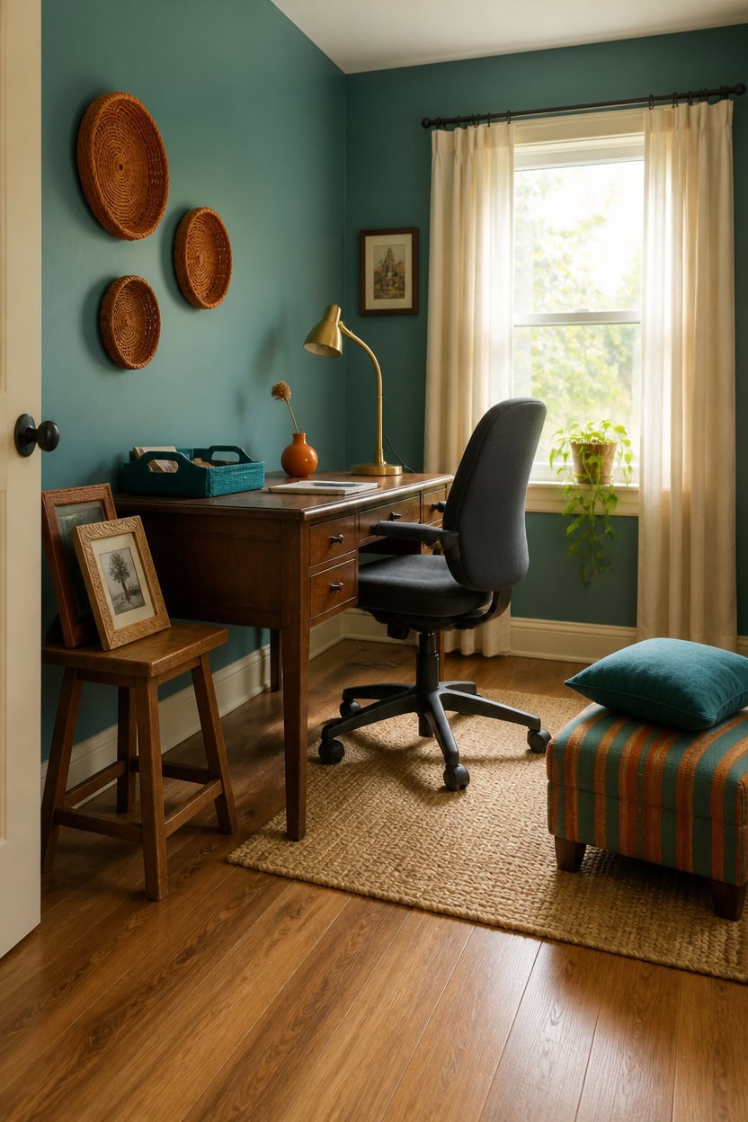 Home office with wooden desk, black chair, and window with curtains.