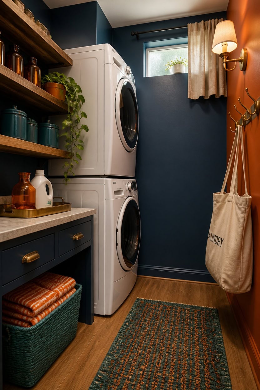 Laundry room with stacked washer and dryer, shelves, and a small window.