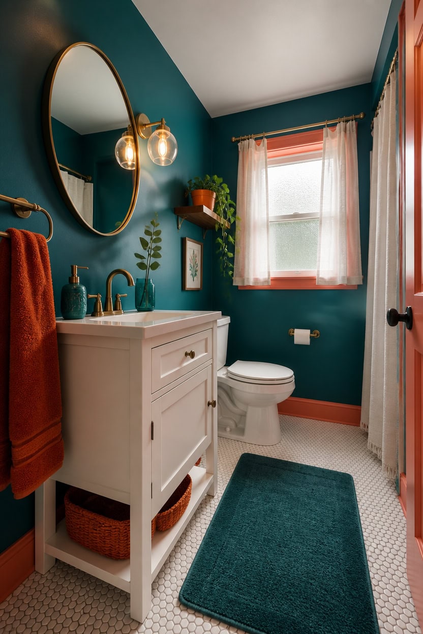 Bright bathroom with teal walls, white vanity, and natural light from window.