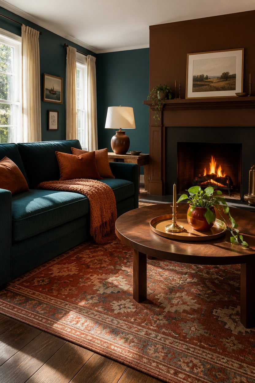 Comfortable living room with fireplace, sofa, and warm lighting for a cozy atmosphere.