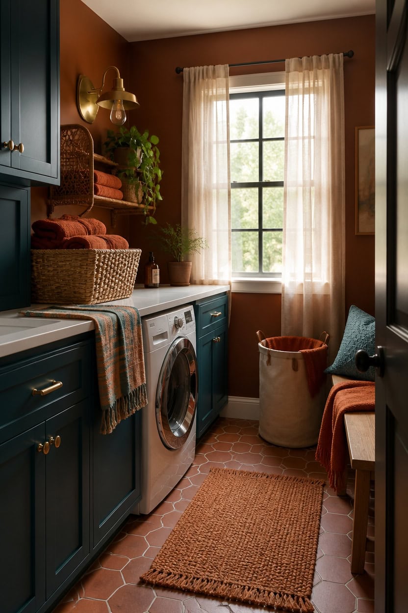 Bright laundry room with washer, shelves, and window with curtains.
