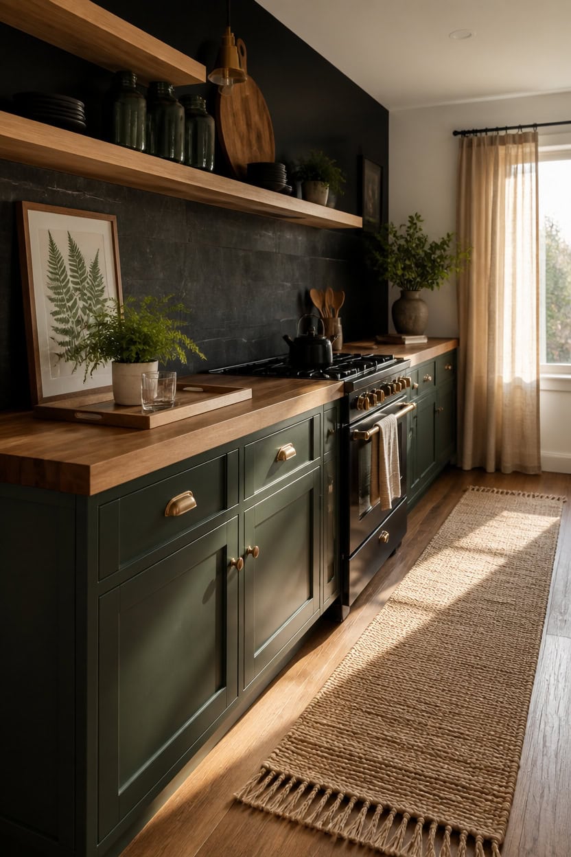 Stylish kitchen with green cabinets, wooden countertops, and open shelving.