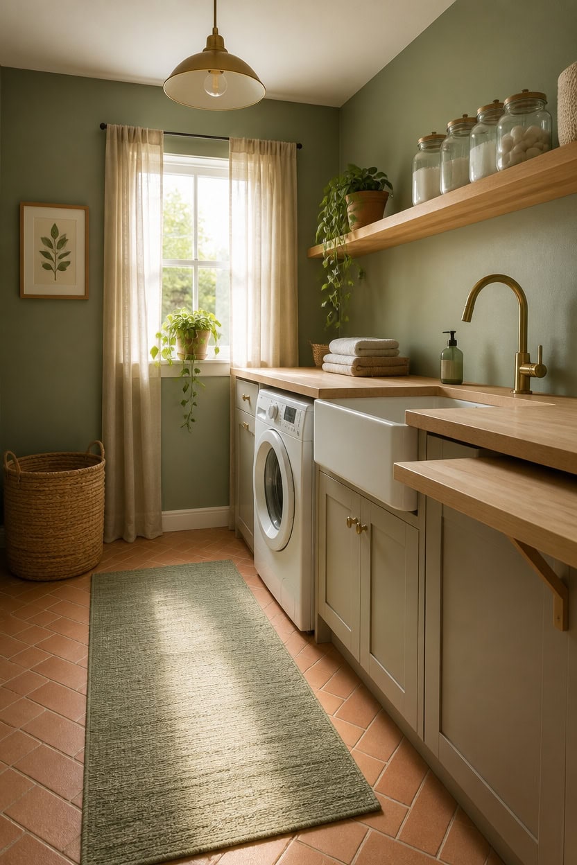 Bright laundry room with washing machine, shelves, and green decor.