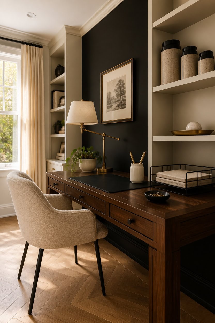 Stylish home office with desk, chair, and built-in shelves in a bright room.