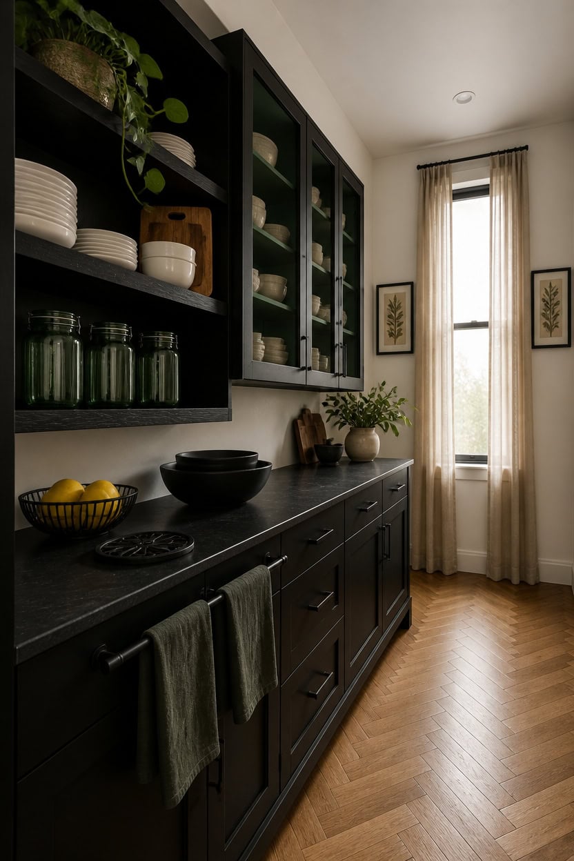 Stylish kitchen with black cabinets, open shelves, and natural sunlight from large windows.