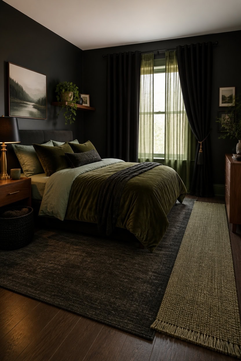 Cozy bedroom with dark green bedding, black curtains, and natural light from window.
