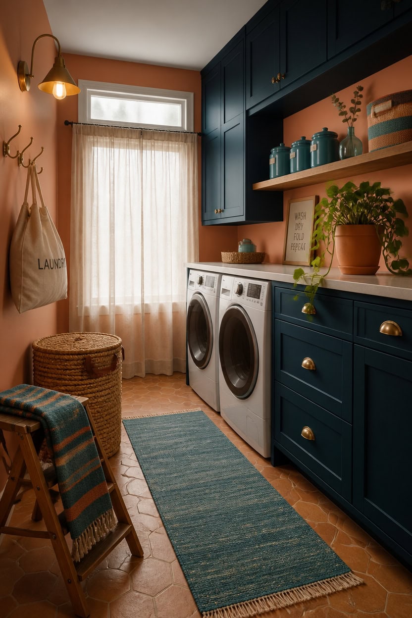 Cozy laundry room with blue cabinets, washer and dryer, and decorative accents.