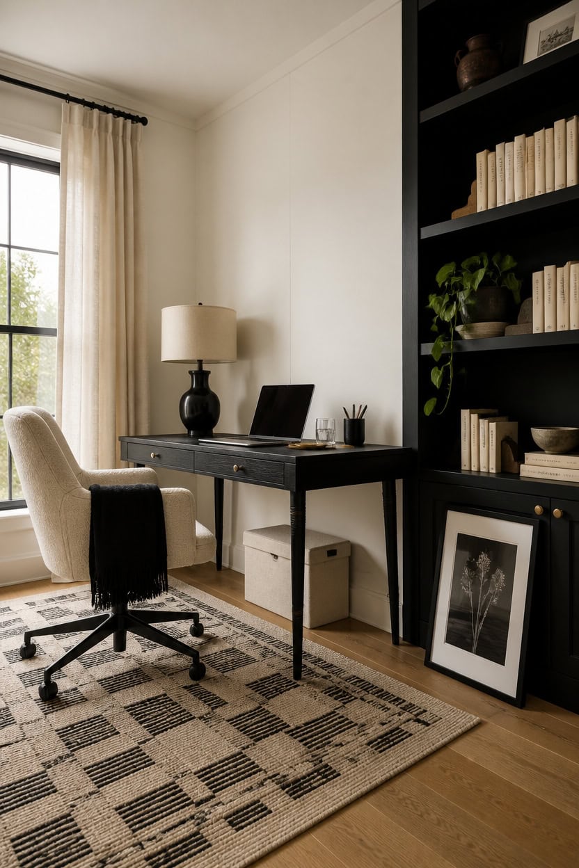 Home office with black desk, beige chair, bookshelf, and natural light from window.