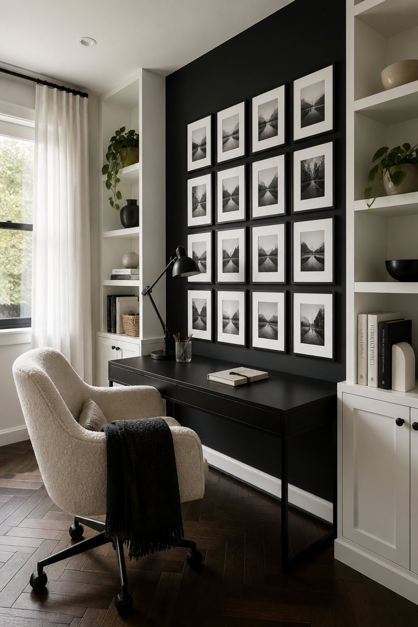 Stylish home office with black accent wall, framed art, and white shelving.