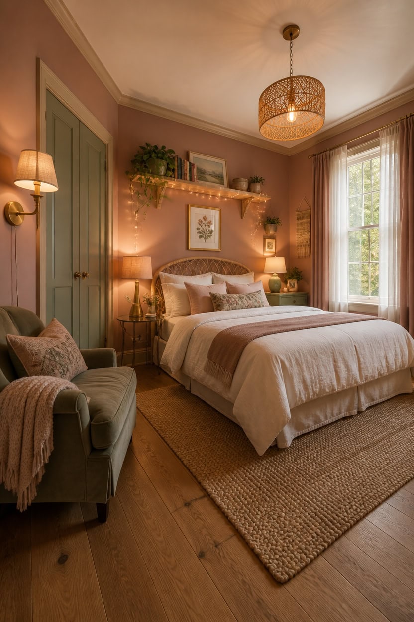 Elegant bedroom with soft lighting, plush bed, and vintage decor elements.