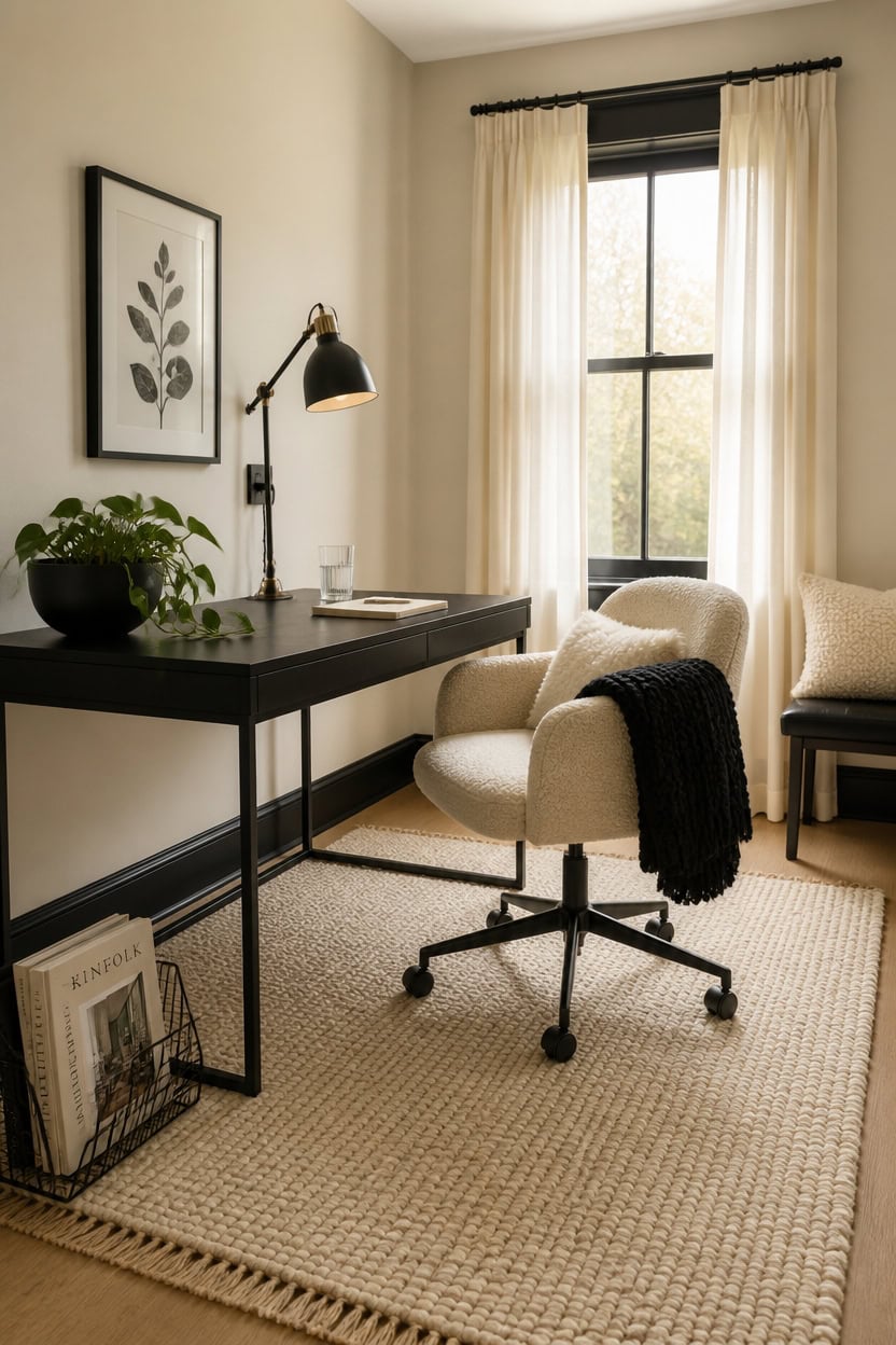 Bright home office with a desk, chair, and large window with curtains.