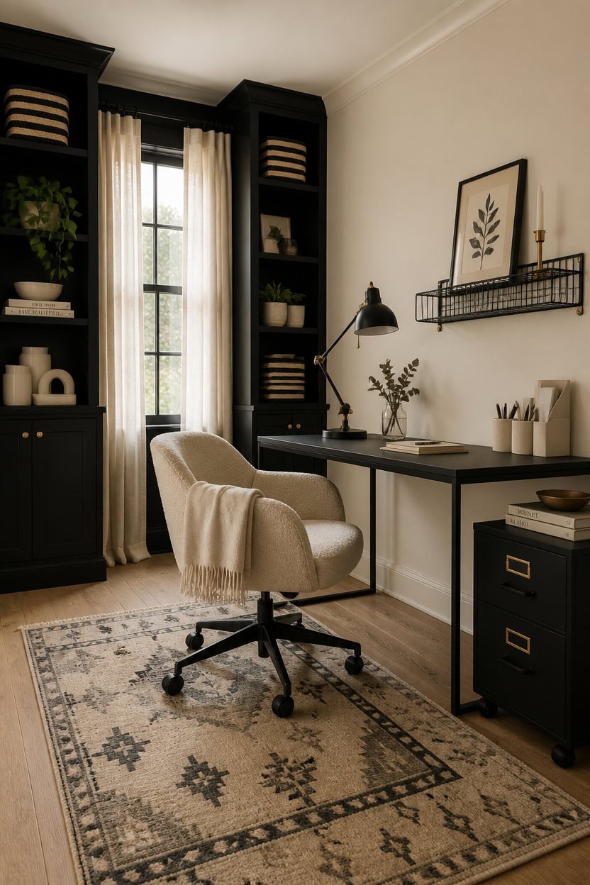 Cozy home office with black shelves, beige armchair, and desk decor.
