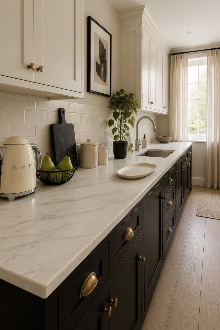 Contemporary kitchen with black lower cabinets and white upper cabinets.