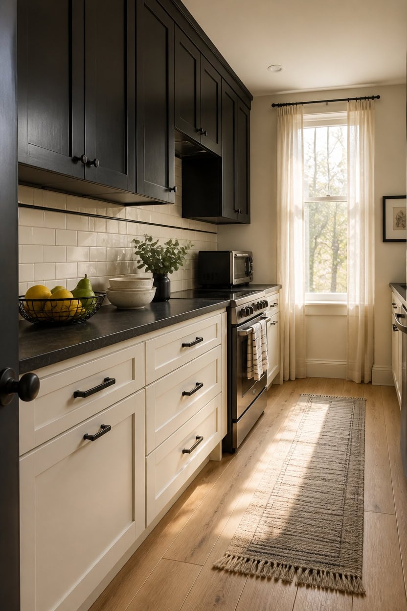 Cozy kitchen with black upper cabinets, white lower cabinets, and natural light from window.
