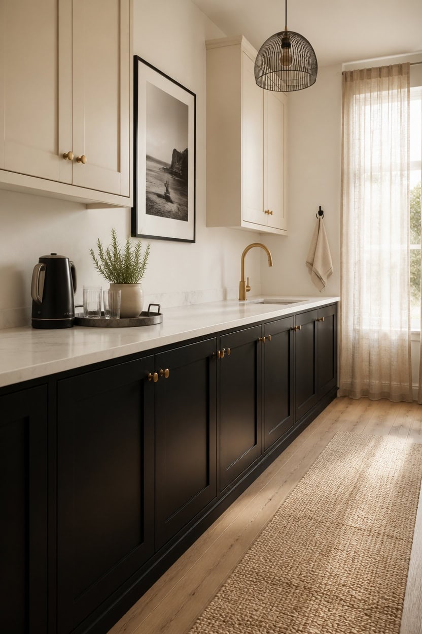 Stylish kitchen with black lower cabinets, white upper cabinets, and a large window.