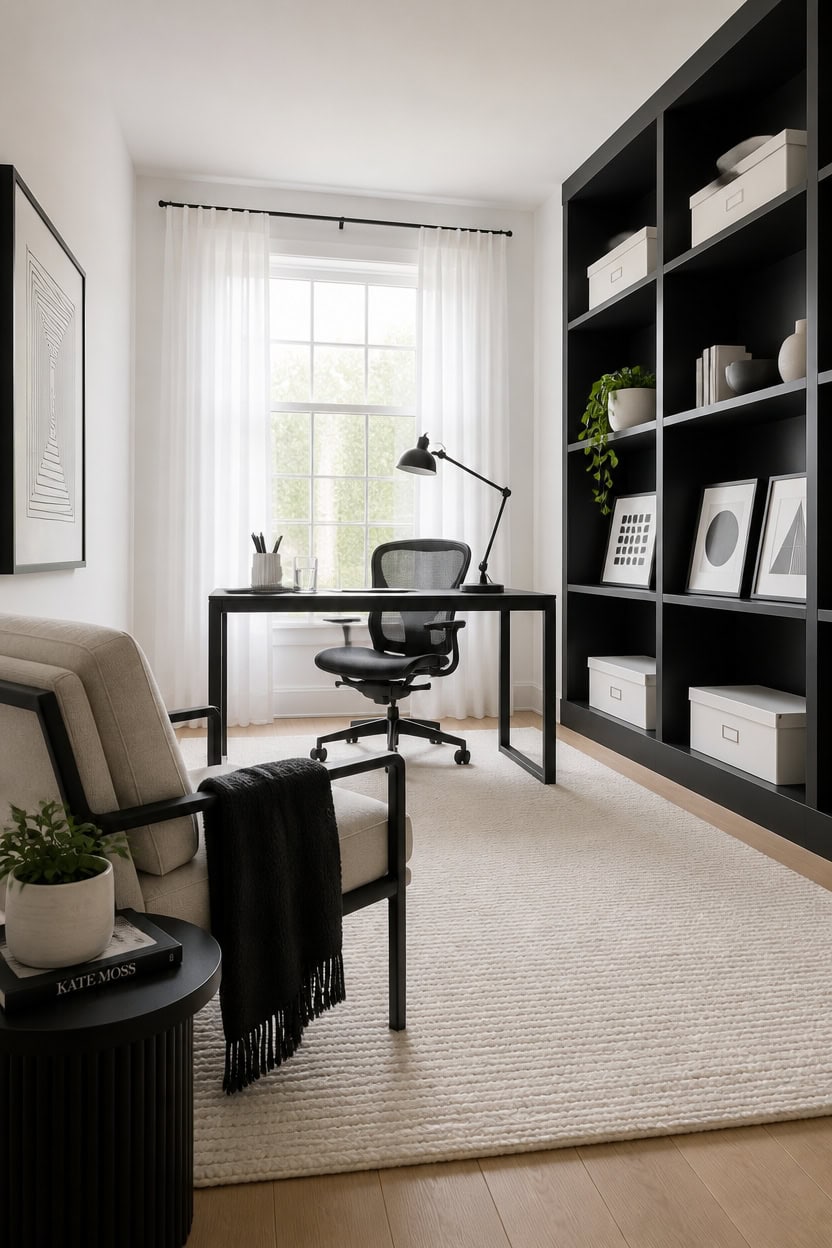 crisp black and white minimalist workspace