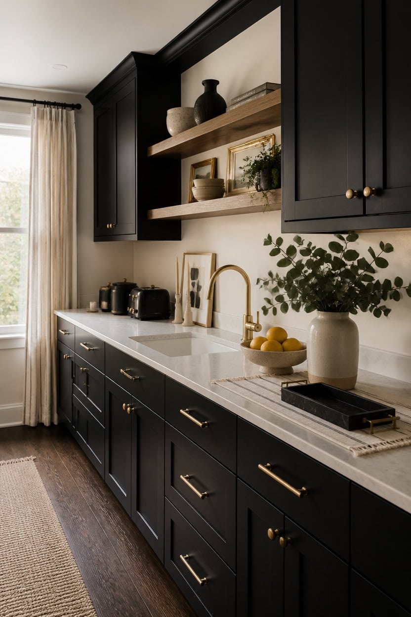 Stylish kitchen with black cabinets, open wooden shelves, and a white marble countertop.